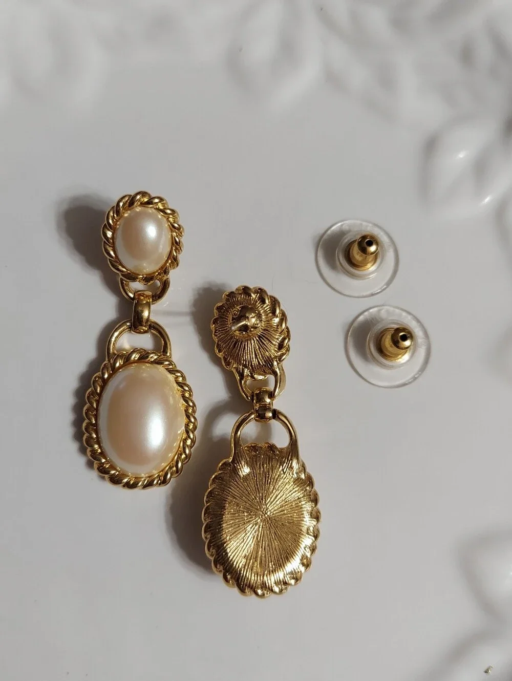 Monet Vintage Textured Gold Tone/Oval Faux Pearl Dbl Drop Earrings